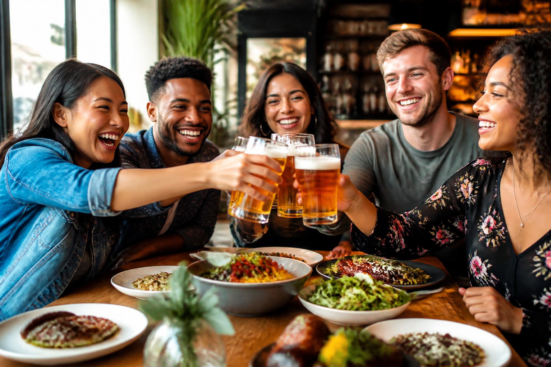 A group of friends toasting beers over a table full of food at a restaurant